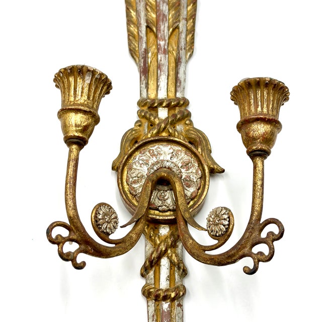 Antique Italian Silver & Gold Giltwood Arrow Candle Sconces - A Pair For Sale In Houston - Image 6 of 12