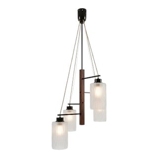 1970s Mid-Century Modern Stilnovo Chandelier With Frosted Textured Glass and Teak Accents For Sale