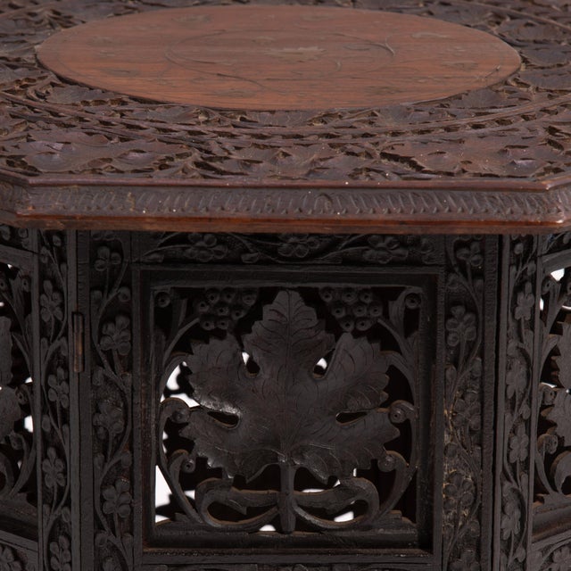 Anglo Indian Teak Octagonal Folding Side Tea Table Hand Carved Campaign Original Finish 1900 For Sale - Image 12 of 18