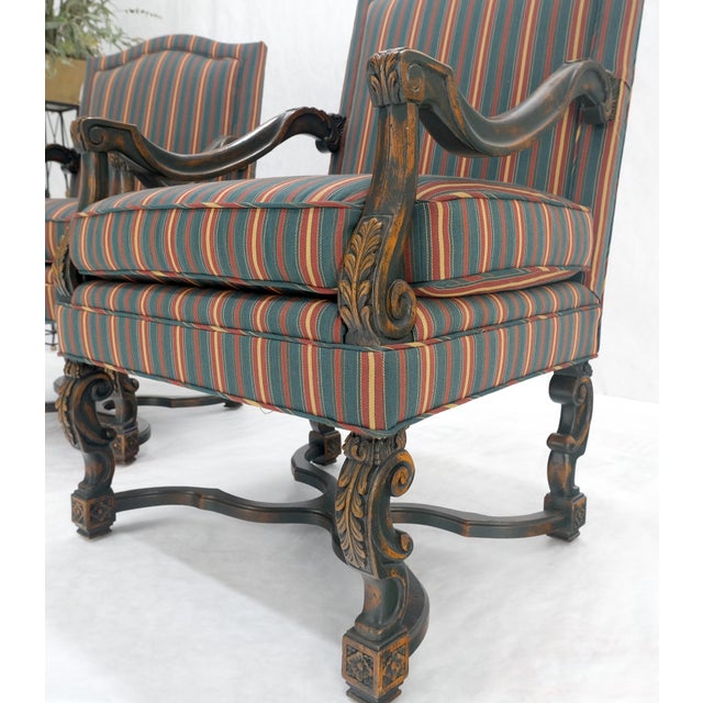 Pair of Carved Bases & Arms Striped Upholstery Fire Side Arm Lounge Chairs MINT! For Sale - Image 14 of 18