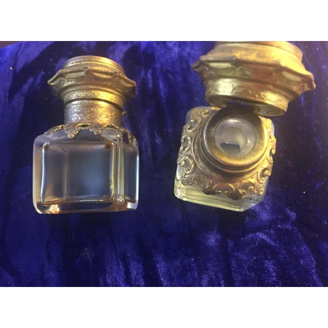 Continental Shagreen, Mother of Pearl Miniture Trunk With Gilt Filigree Crystal Bottles - 3 Pieces For Sale - Image 10 of 13