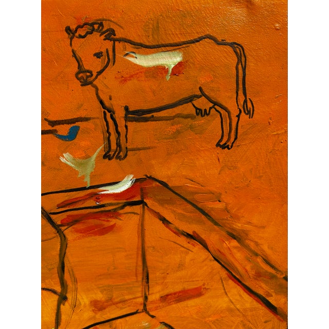 Vintage Orange Abstract Large Oil Painting on Canvas With Figure and Cow For Sale - Image 4 of 8