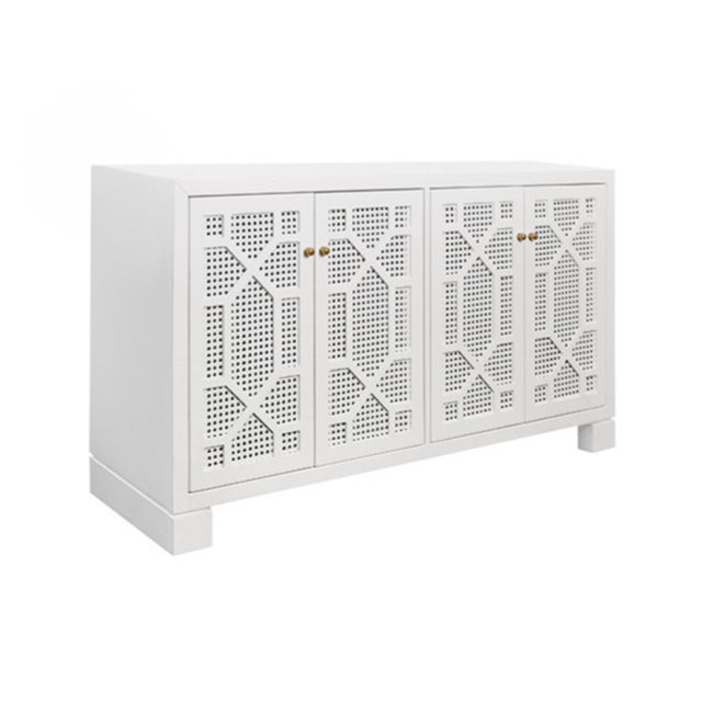 Contemporary Matthew Izzo Home Claire Matte White Lacquer Four Door Buffet With Painted Cane Doors and Brass Knobs For Sale - Image 3 of 6