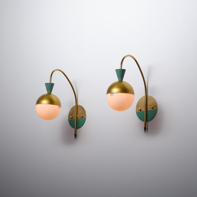 Italian Brass Sconces with Opaline Globes attributed to Stilnovo, 1950s, Set of 2 For Sale - Image 6 of 12