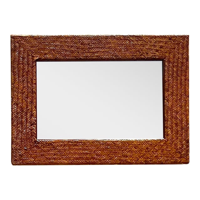 Vintage Coastal Chevron Weave Rattan Horizontal Mirror For Sale