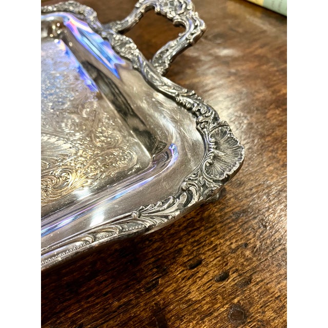 Traditional Vintage Wm Rogers Etched Silver Double Handle Footed Serving Tray For Sale - Image 3 of 17