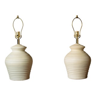 Vintage Pair of Textured Ivory Pottery Table Lamps For Sale