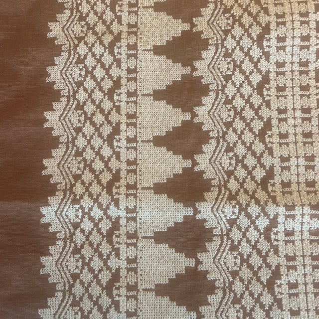 Traditional Schumacher Wentworth Caramel Brown Embroidery Linen Fabric- 2 Yards For Sale - Image 3 of 6