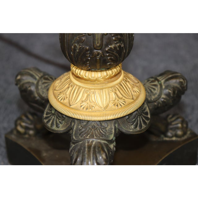 1900 - 1909 Pair of Antique Candlestick French Empire Patinated and Gilt Bronze Table Lamps For Sale - Image 5 of 9