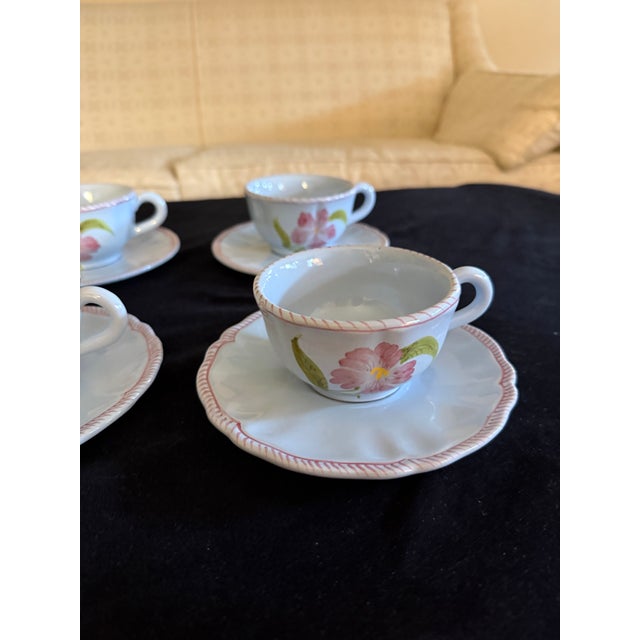 Ceramic Vintage Hand Painted Majolica Cantagalli Firenze Italian Coffee Pot, Sugar and Creamer and Cups and Saucers. Set of 6. Rare. For Sale - Image 7 of 11