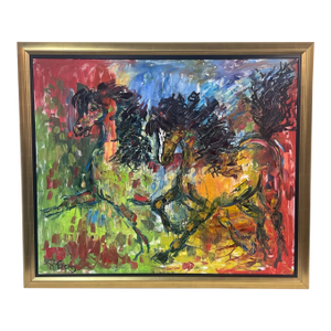 Large Colorful Expressionist Oil Painting of Wild Horses by R. Berg, Framed