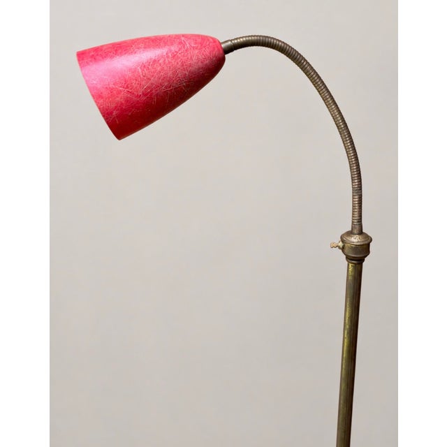 Vintage 1950s Atomic Age MCM Mid Century Modern floor lamp with a flexible brass gooseneck and original red spun...