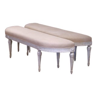 Pair of 19th Century Louis XVI Painted Upholstered Benches With Rounded Corners For Sale