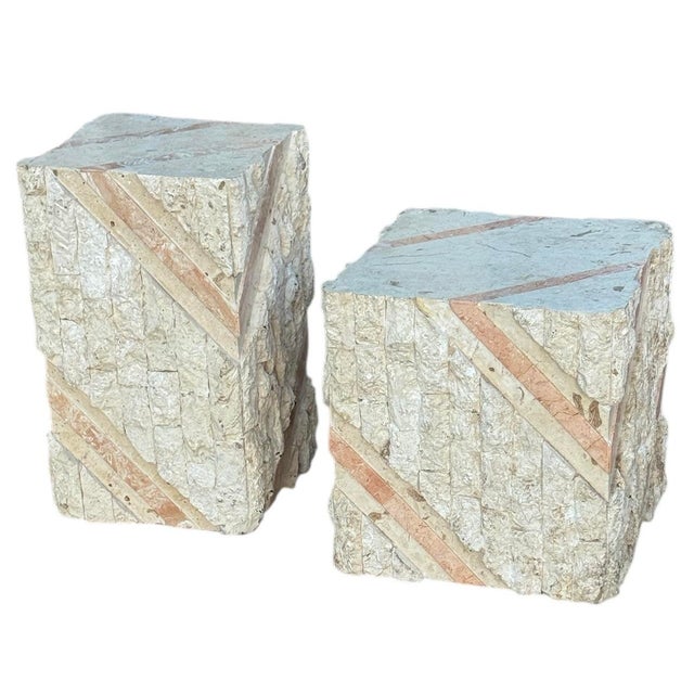 Pair of vintage postmodern cube-shaped end tables or pedestals featuring a tessellated design made from Mactan stone and...