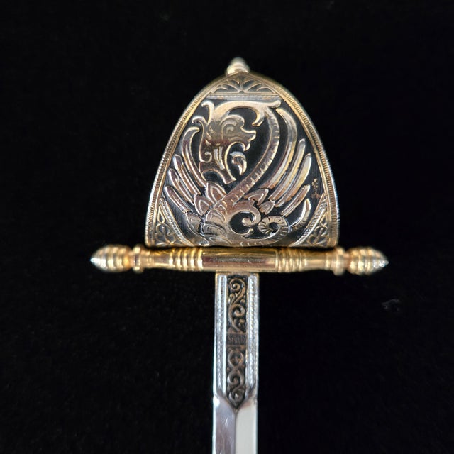 Framed Midas Toledo Damascene Plaque & Pair of Miniature Swords, Spain For Sale - Image 9 of 11