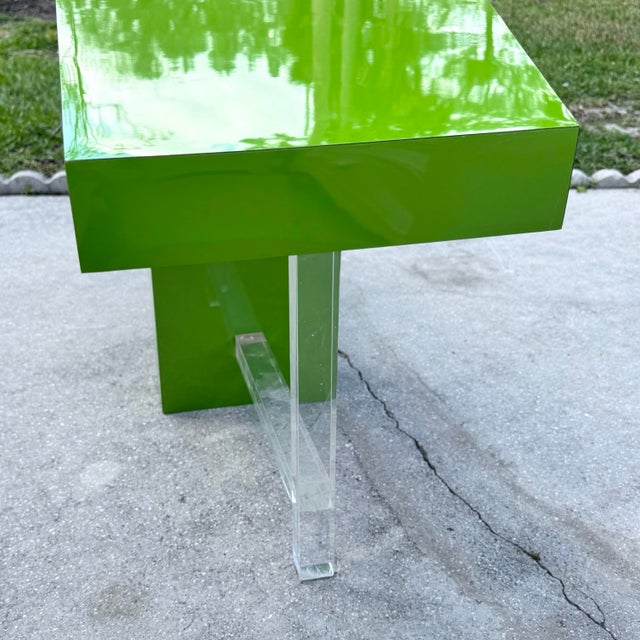 Wood Postmodern Lime Green Lacquer Laminate and Lucite Console Table For Sale - Image 7 of 12