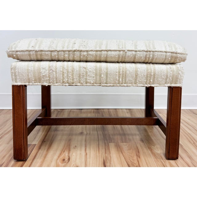 White Vintage Pillow Top Tufted Tweed Upholstered Wood Bench For Sale - Image 8 of 11