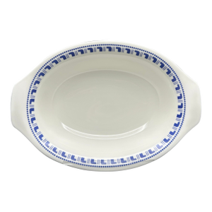 Vintage Plusceram “Narumi” Bone China Oval Vegetable Serving Bowl With Tab Handles and Blue Geometric Border