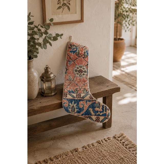 Boho Chic Rich Coral Medallion Vintage Kilim Christmas Stocking, Navy Border Wool, 11.8 X 17.7 in – One of a Kind Turkish Decor For Sale - Image 3 of 6