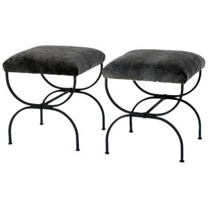 "Strapontin" Wrought Iron and Fur Stools- A Pair