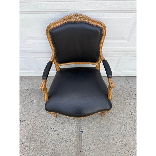 Black Vintage Louis XV French Carved Wood Fauteuil Armchair With Black Upholstery For Sale - Image 8 of 12