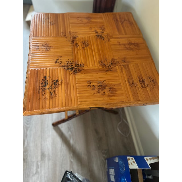 Vintage Handcrafted Square Tiger Bamboo Bistro Folding Game Center Table X-Base For Sale - Image 10 of 16