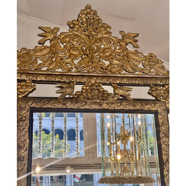 Huge Antique French Repose Brass Mounted Mirror W Birds For Sale - Image 4 of 5