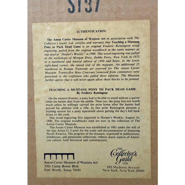 Black After Frederic Remington ‘Teaching a Mustang Pony to Pack Dead Game’, Limited 1975 Edition Wood Engraving Pulled From Original 1890 Wood Block For Sale - Image 8 of 12