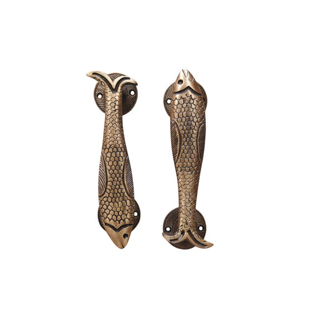 Antiqued Brass Fish Handles, a Pair For Sale - Image 4 of 6
