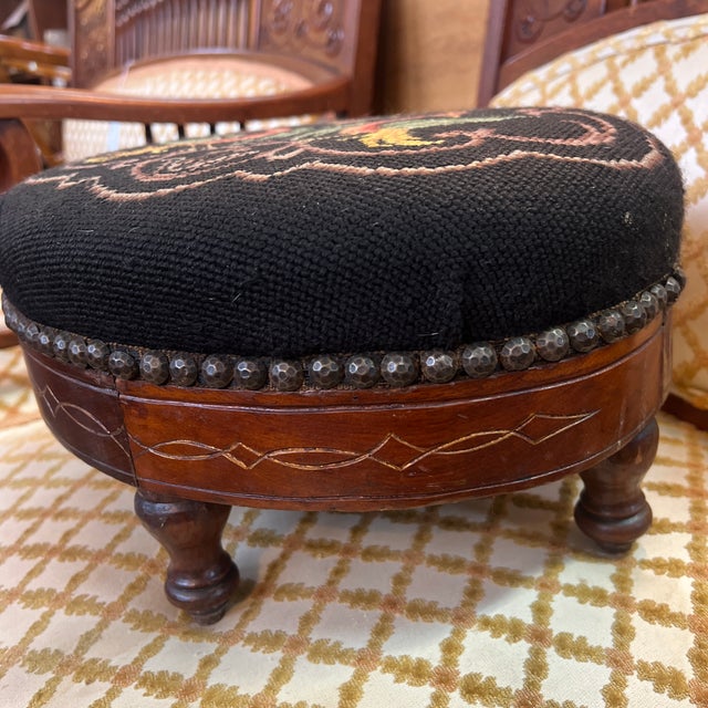 French Needlepoint 19th Century Footstool Rare Phoenix Bird Motif For Sale - Image 4 of 9