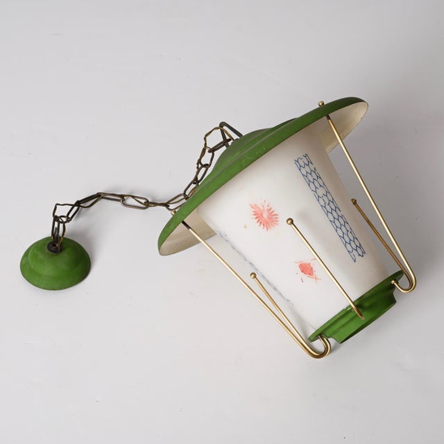 1950s Mid-Century Italian Round Opaline Glass and Brass Green Lantern Chandelier, 1950s For Sale - Image 5 of 18