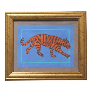 Tiger Minimalism Abstract Folk Art Blue Aqua Brown Orange Original Oil Painting by Cleo Plowden For Sale