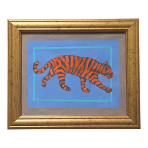 Tiger Minimalism Abstract Folk Art Blue Aqua Brown Orange Original Oil Painting Cleo Plowden
