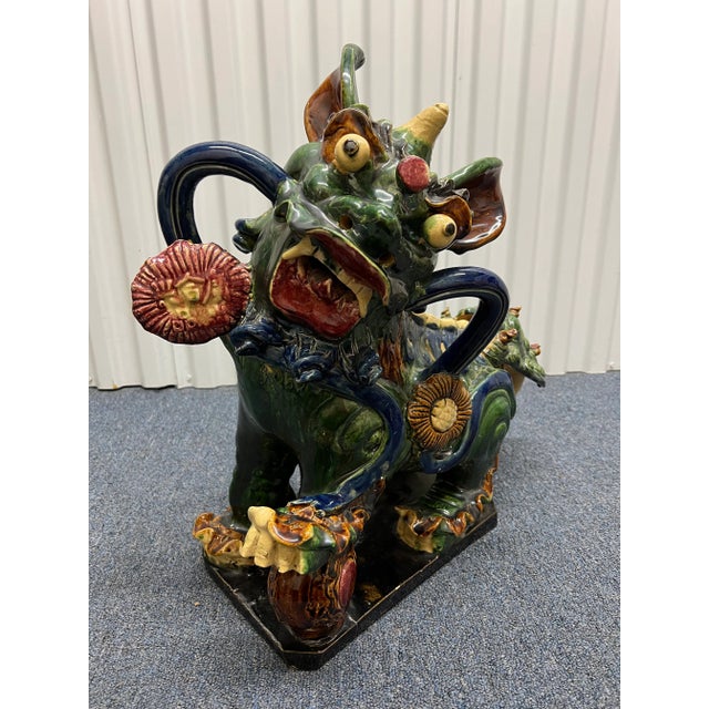 Ceramic Antique Italian Majolica Chinese Foo Dog or Guardian Lion Sculptures- a Pair For Sale - Image 7 of 12