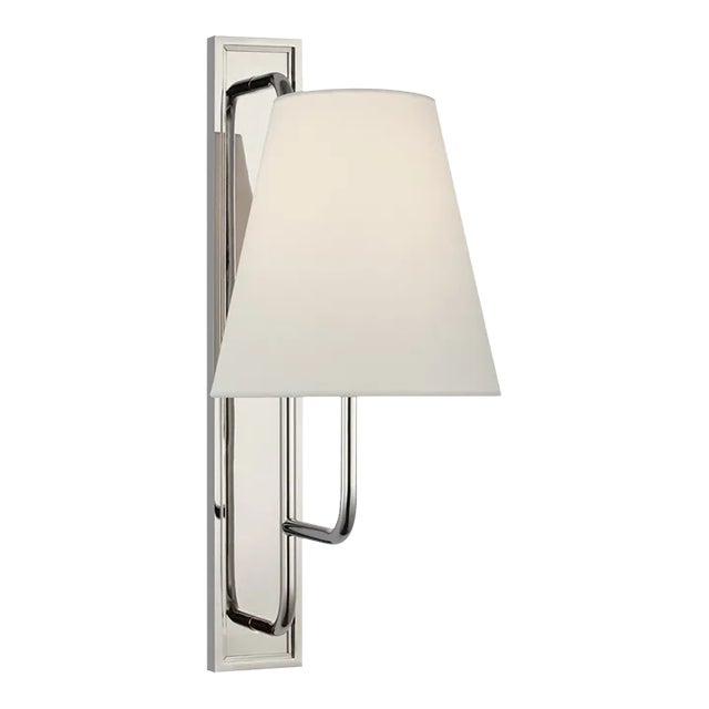 Amber Lewis for Visual Comfort Signature Rui Tall Sconce in Polished Nickel with Linen Shade For Sale