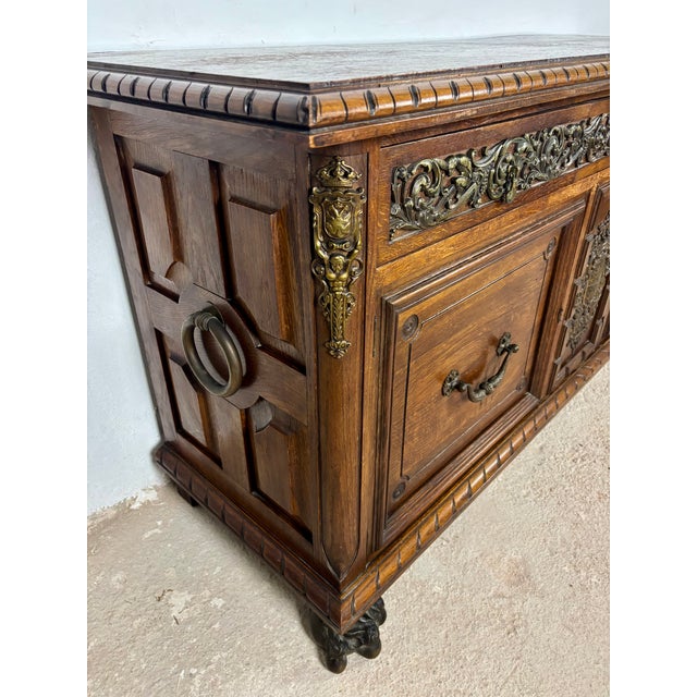 Large Henry II Style Oak Sideboard With Bronze Mounts, Early 20th Century For Sale - Image 10 of 18