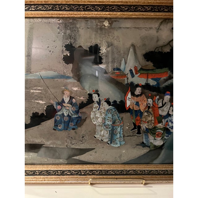 Figurative 18th Century Chinese Reverse Figurative Landscape Panting on Glass, Framed For Sale - Image 3 of 11