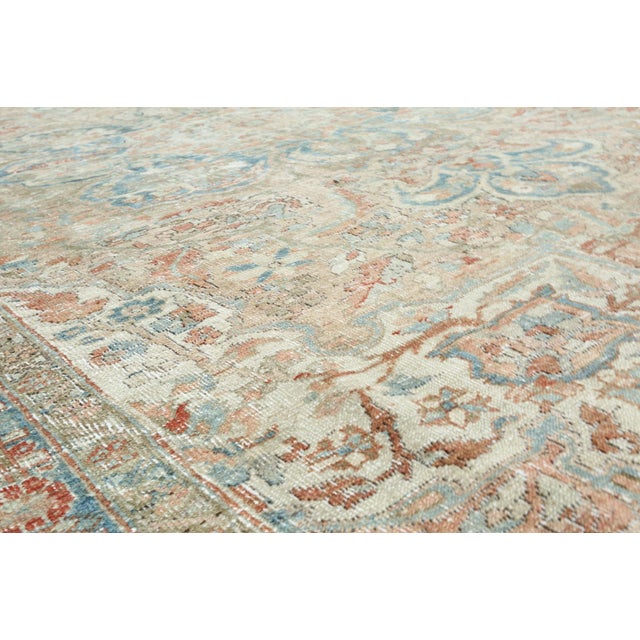 Antique Distressed Heriz Rug – Handwoven Wool on Cotton, Faded Blue & Terracotta Medallion Carpet -7' 11'' X 11' 2'' For Sale - Image 17 of 18