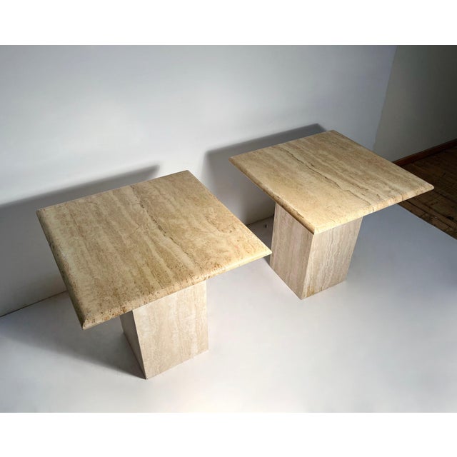 Postmodern Post Modern Pair of Italian Travertine Pedestal End / Side Tables For Sale - Image 3 of 6