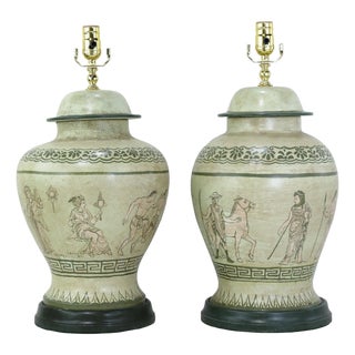 Pair of Vintage Hand-Painted Neoclassical Greek Revival Ceramic Temple Jar Table Lamps For Sale