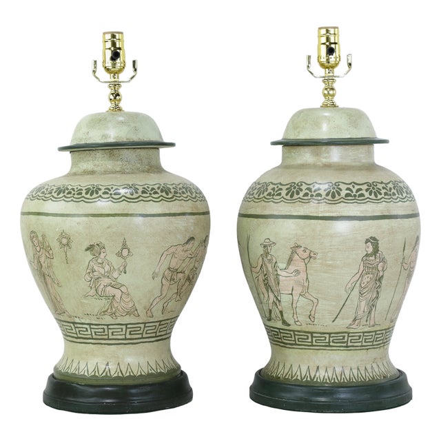 Pair of Vintage Hand-Painted Neoclassical Greek Revival Ceramic Temple Jar Table Lamps For Sale