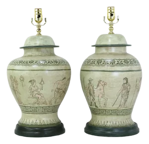 Pair of Vintage Hand-Painted Neoclassical Greek Revival Ceramic Temple Jar Table Lamps