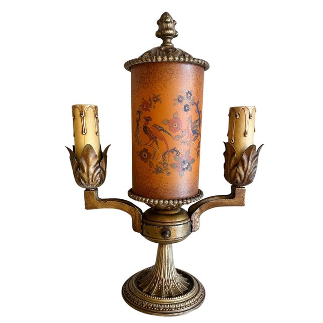 1920s 1920s Tiffin Franciscan Glass Tale Lamps in Original Old Paints, Irons SND Brass - a Pair For Sale - Image 5 of 7