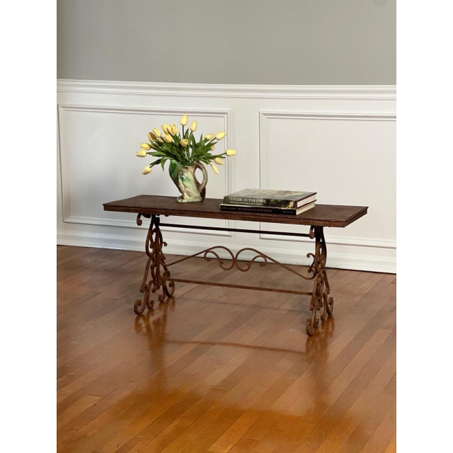 Regency Scroll Iron Bench, Coffee Table, Faux Leather Trompe-l'Oeil Top, 1960s For Sale - Image 13 of 13