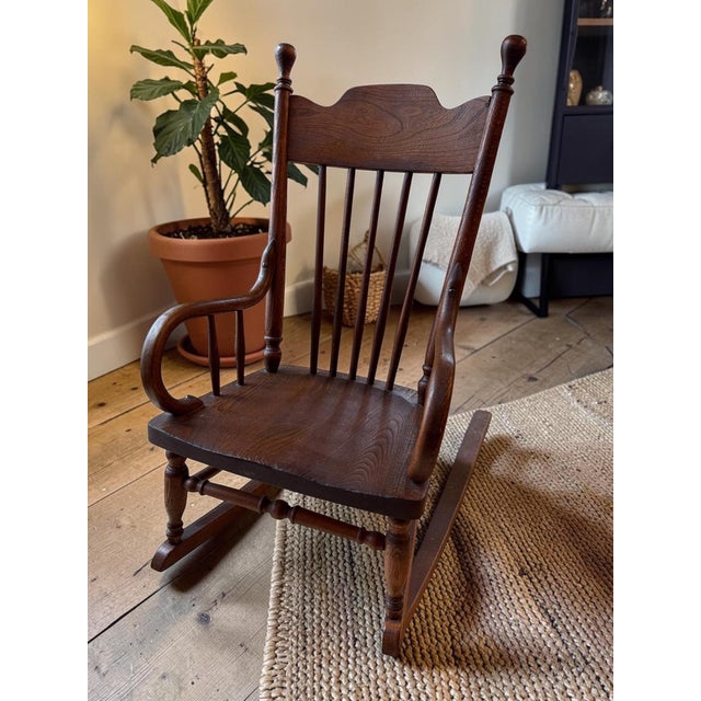 Late 19th Century Antique Early American Oak Windsor Children’s Rocker For Sale - Image 5 of 11