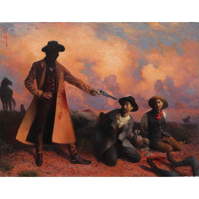 Law of the Land by Diego Glazer | Oil on canvas mounted on board Western scene with gunmen. For Sale