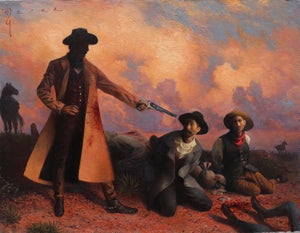 Law of the Land by Diego Glazer | Oil on canvas mounted on board Western scene with gunmen.