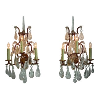 1950s French Country Large Rock Crystal and Goldleaf Wall Sconces - Pair For Sale