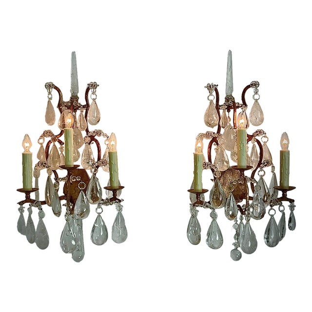 1950s French Country Large Rock Crystal and Goldleaf Wall Sconces - Pair For Sale