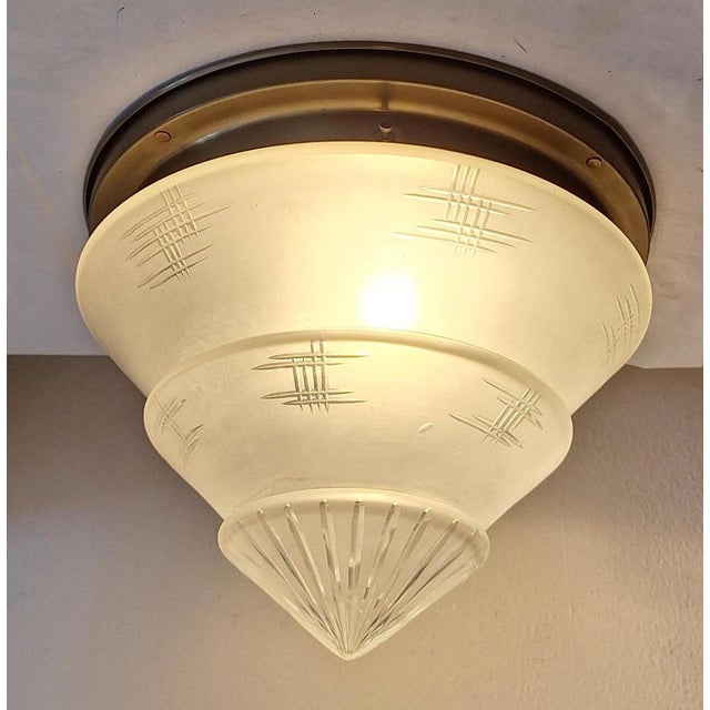 German Art Deco Brass Ceiling Lamp with Cut Glass Shade, 1930s For Sale - Image 3 of 7